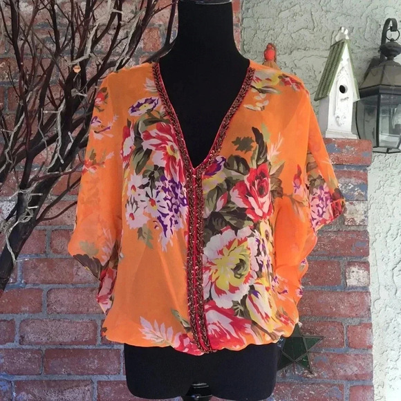 Free People‎ Orange Sheer Genius Floral Top - Picture 3 of 8